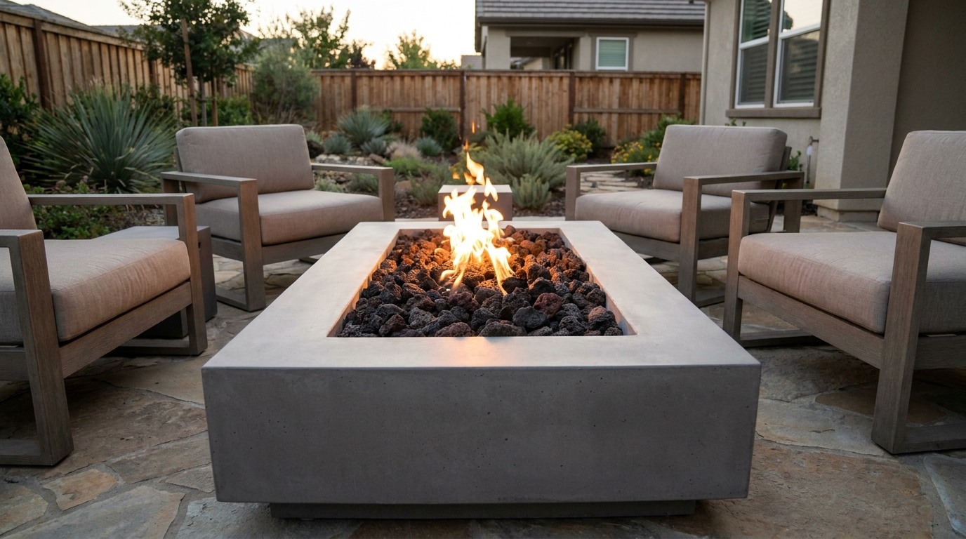 Gas fire pit with lava rocks, warm flames, and cozy outdoor seating on a backyard patio.
