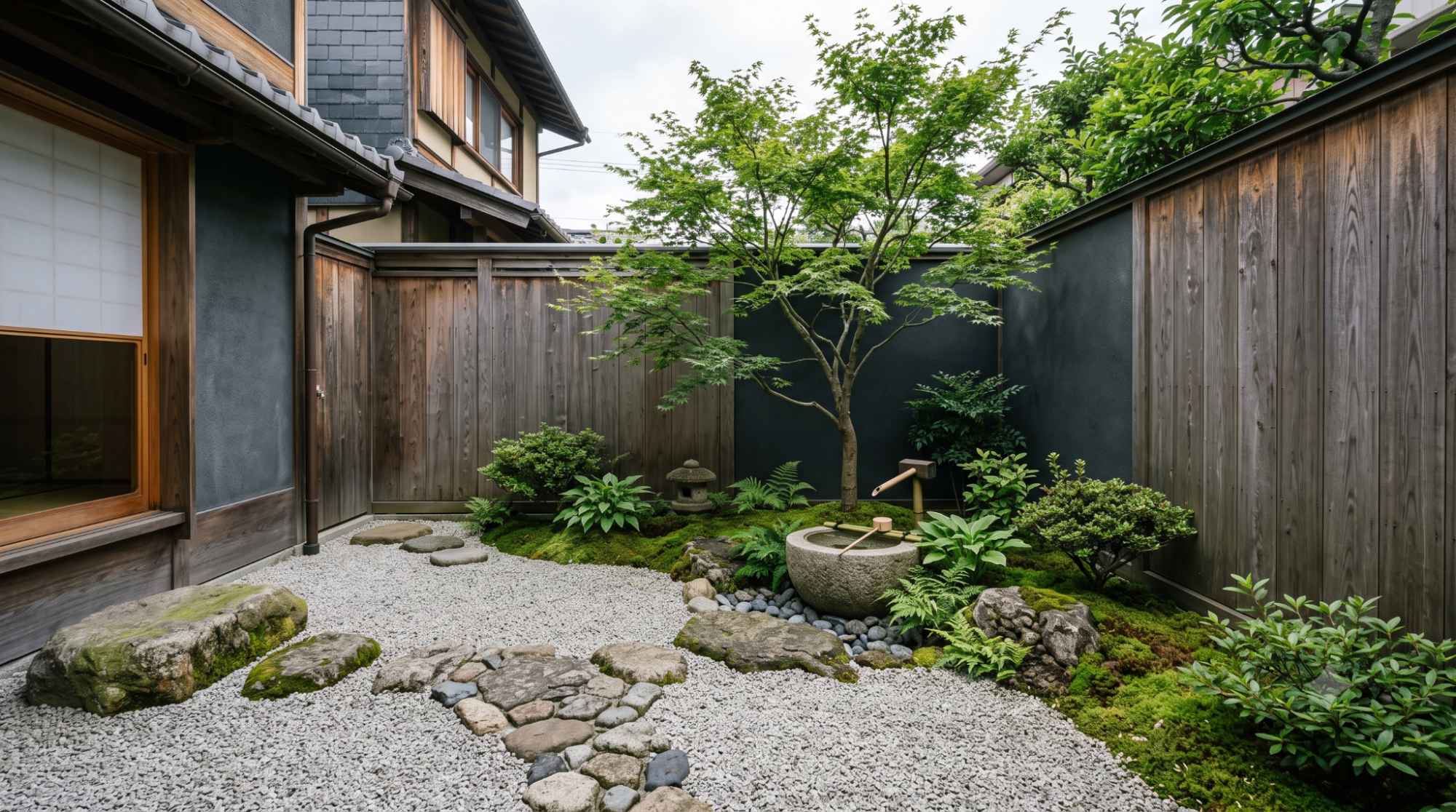 Small Japanese courtyard garden with gravel, stones, a small tree, and a water bowl in a peaceful enclosed outdoor space.