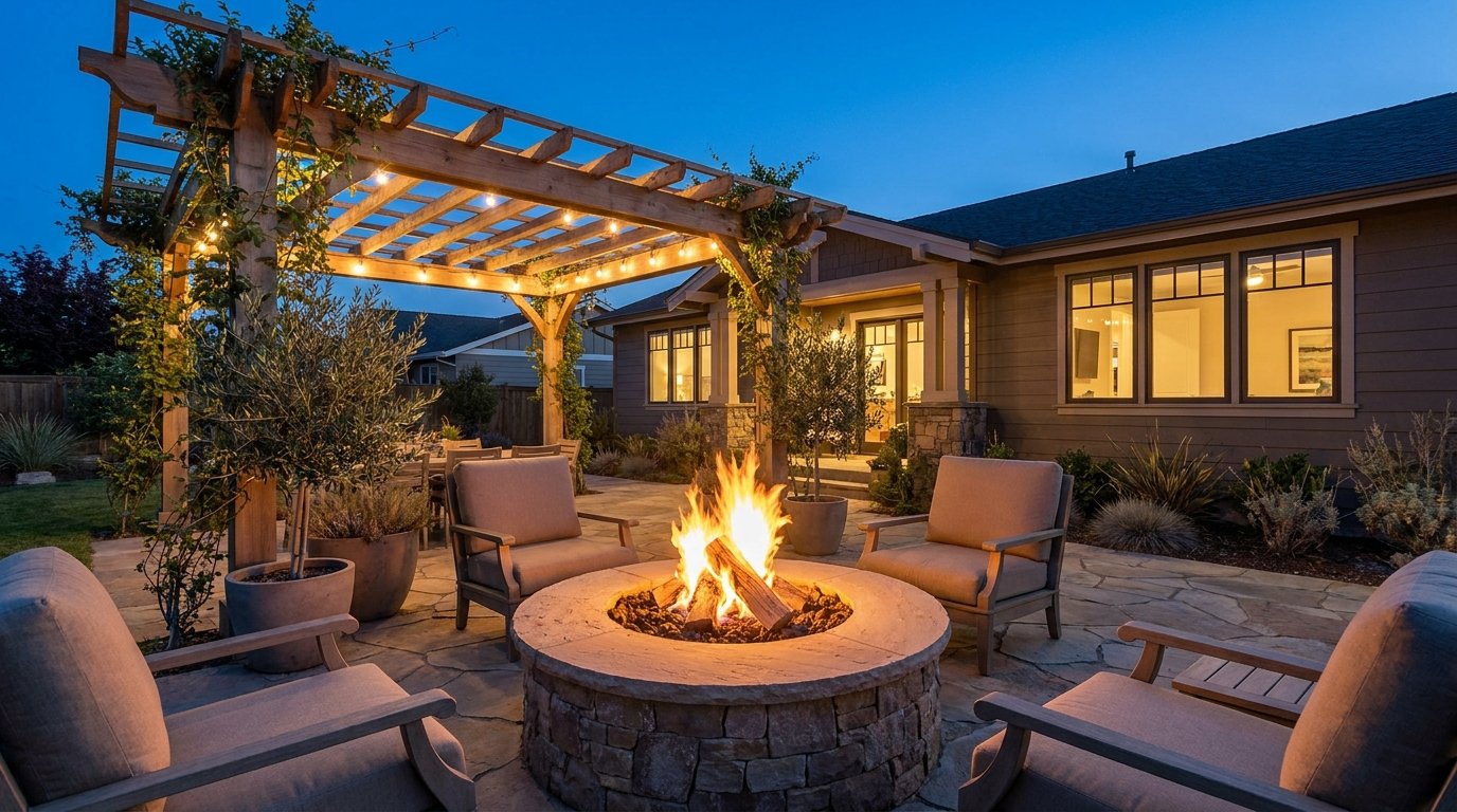 Fire pit with pergola and cozy seating on a structured backyard patio with a warm outdoor glow.