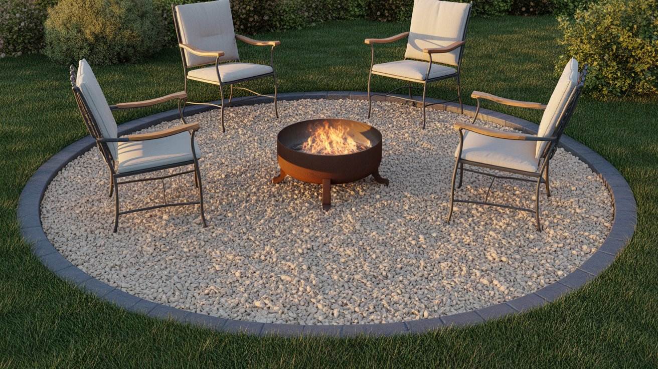 Gravel fire pit patio with simple seating and a neatly defined stone area in a cozy backyard.