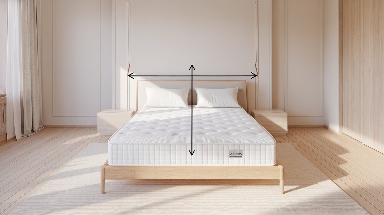 Standard queen bed dimensions showing 60-inch width and 80-inch length in a realistic top-down bedroom view with measurement labels.