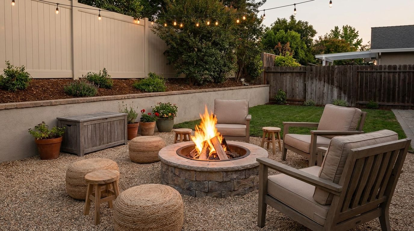 Fire pit with extra stools and flexible seating for guests in a cozy backyard gathering area.