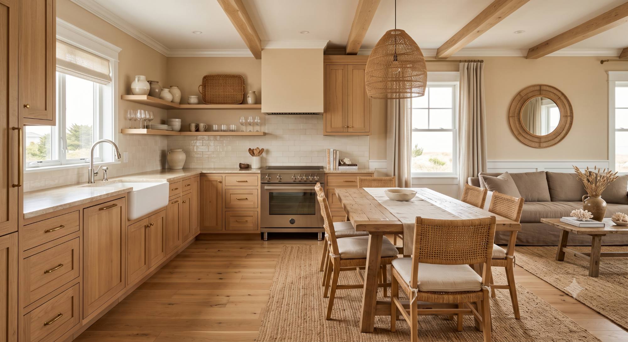Beach house interior with sandy beige and cream neutrals, white trim, natural wood tones, and a soft cozy coastal feel.