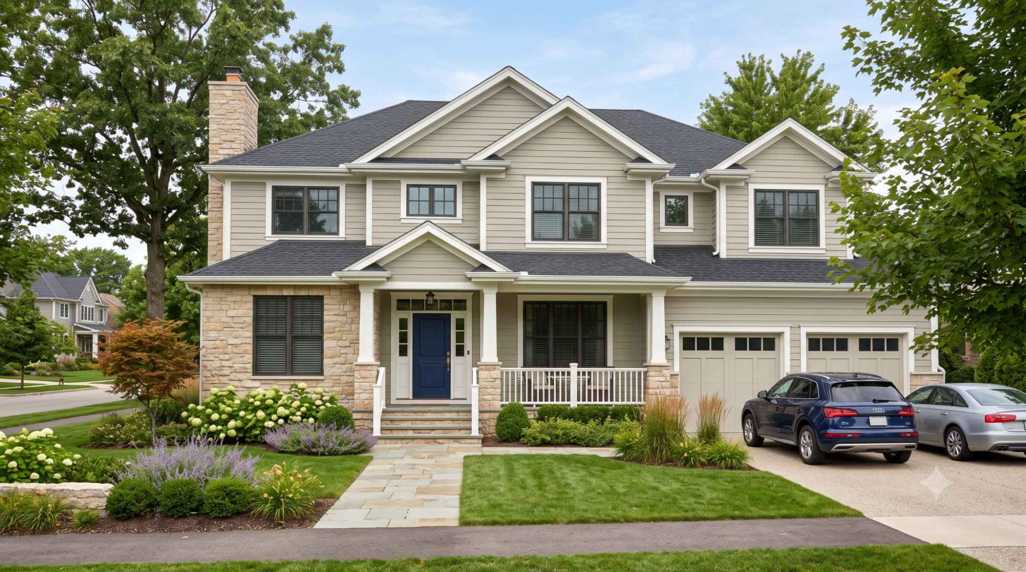 Exterior suburban home painted in Benjamin Moore Revere Pewter with white trim, stone accents, a navy front door, and bright daylight showing its warm greige siding color.