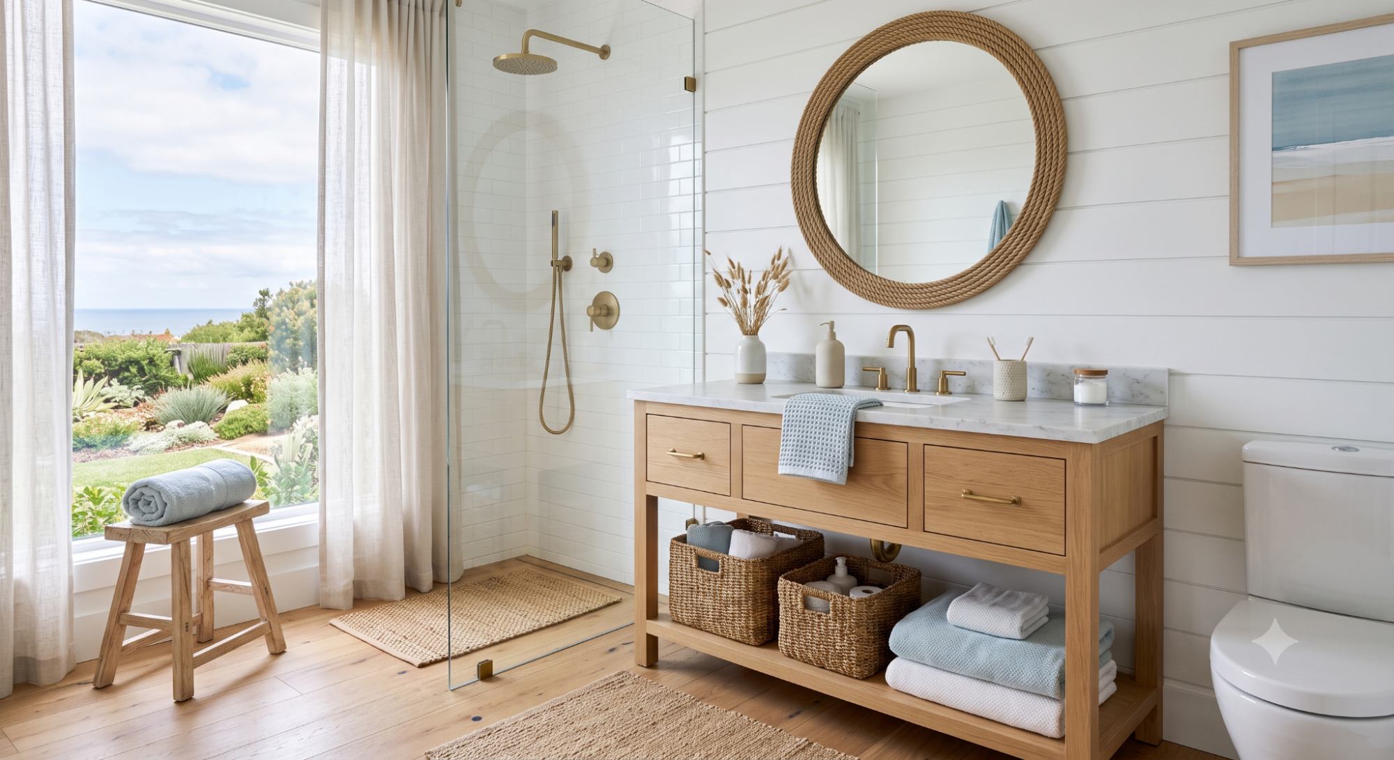 Beach house bathroom with white walls, a light wood vanity, woven baskets, brass fixtures, soft blue towels, and simple coastal decor.