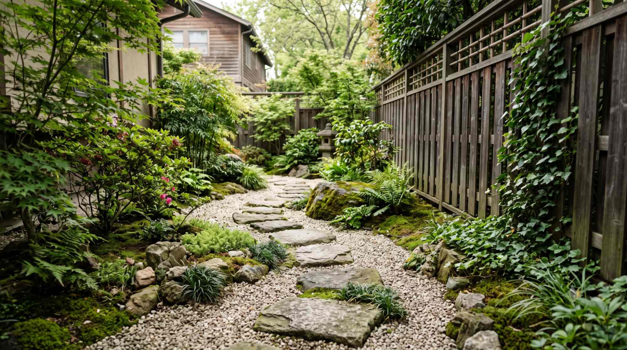 Stepping stones through gravel with moss and low plants in a narrow Japanese garden side yard.