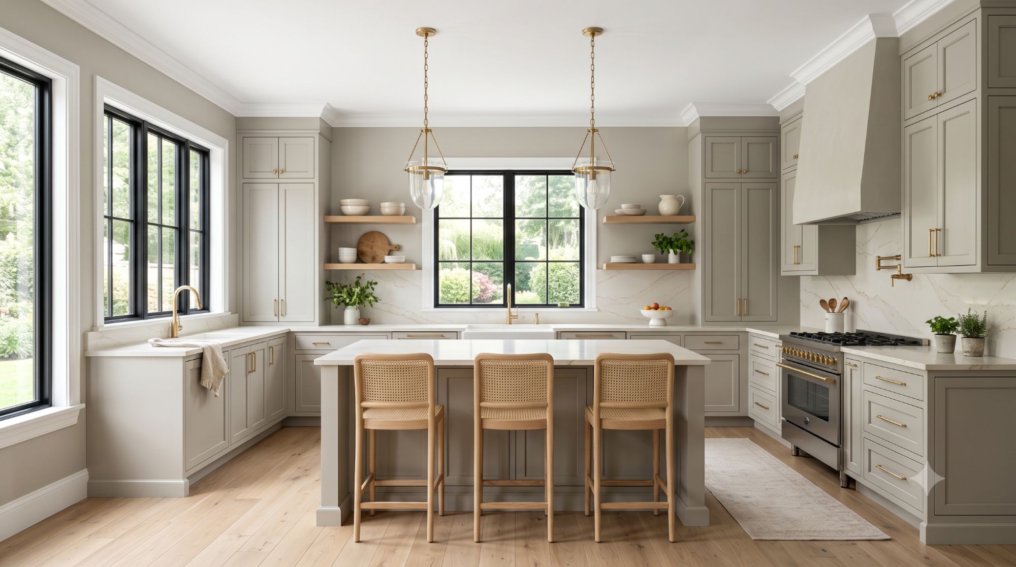 Bright kitchen with Benjamin Moore Revere Pewter walls and cabinets, warm quartz countertops, brass hardware, natural oak accents, and daylight highlighting its warm greige finish.
