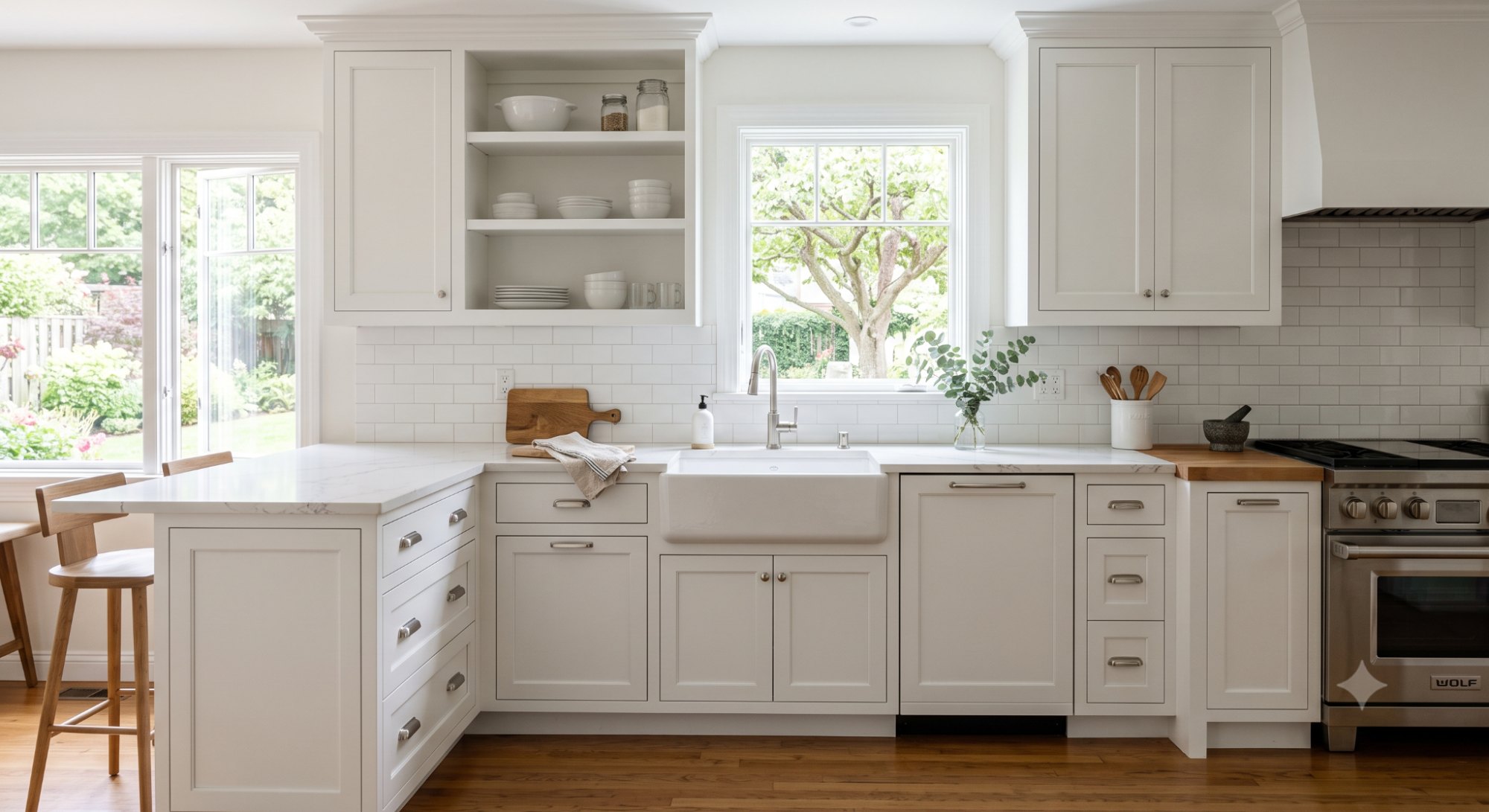 Classic white kitchen cabinets with a smooth painted finish, light countertops, simple hardware, and bright natural lighting.