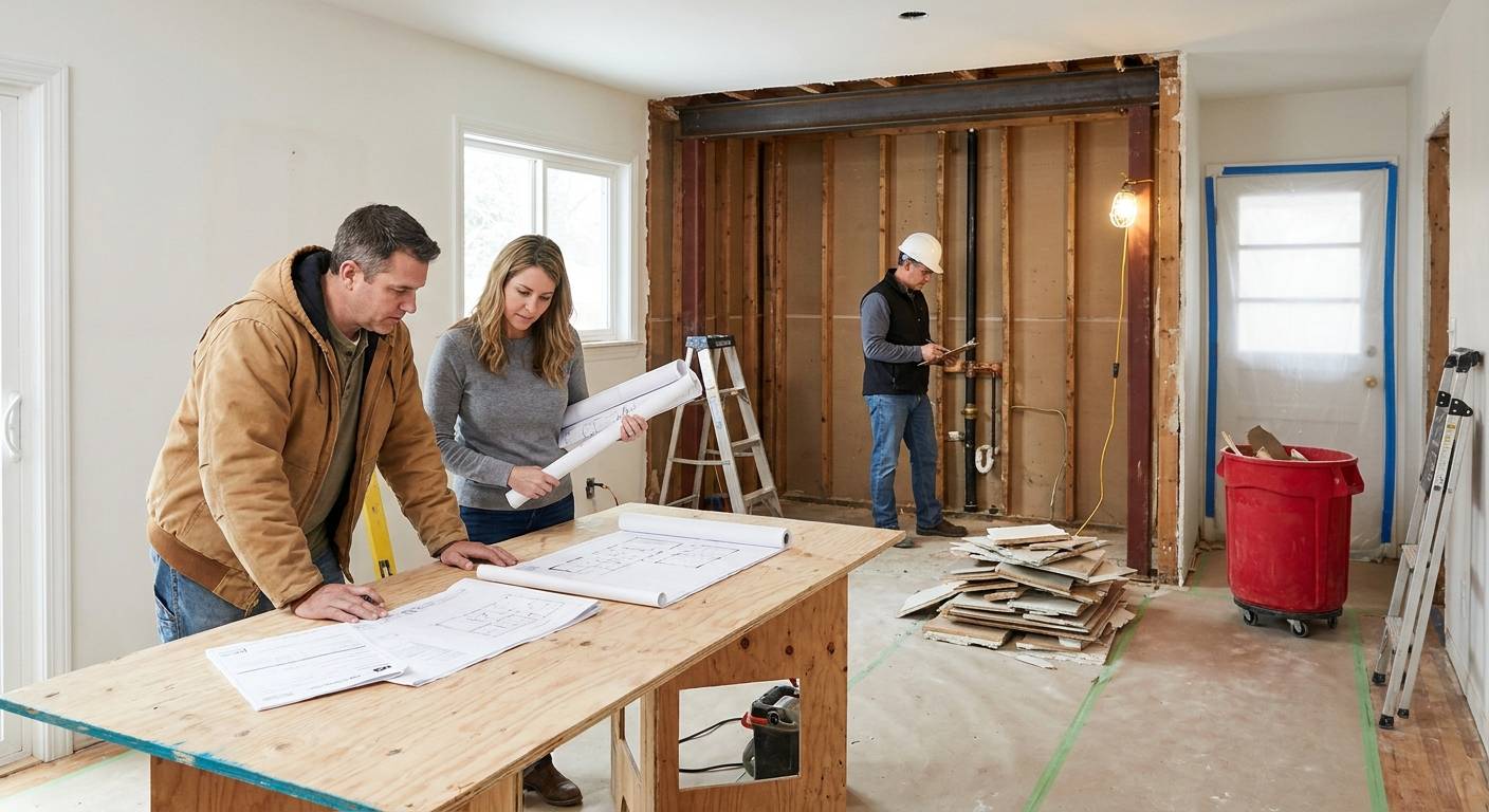 General contractor and kitchen designer reviewing plans while an inspector checks a partially demolished kitchen.