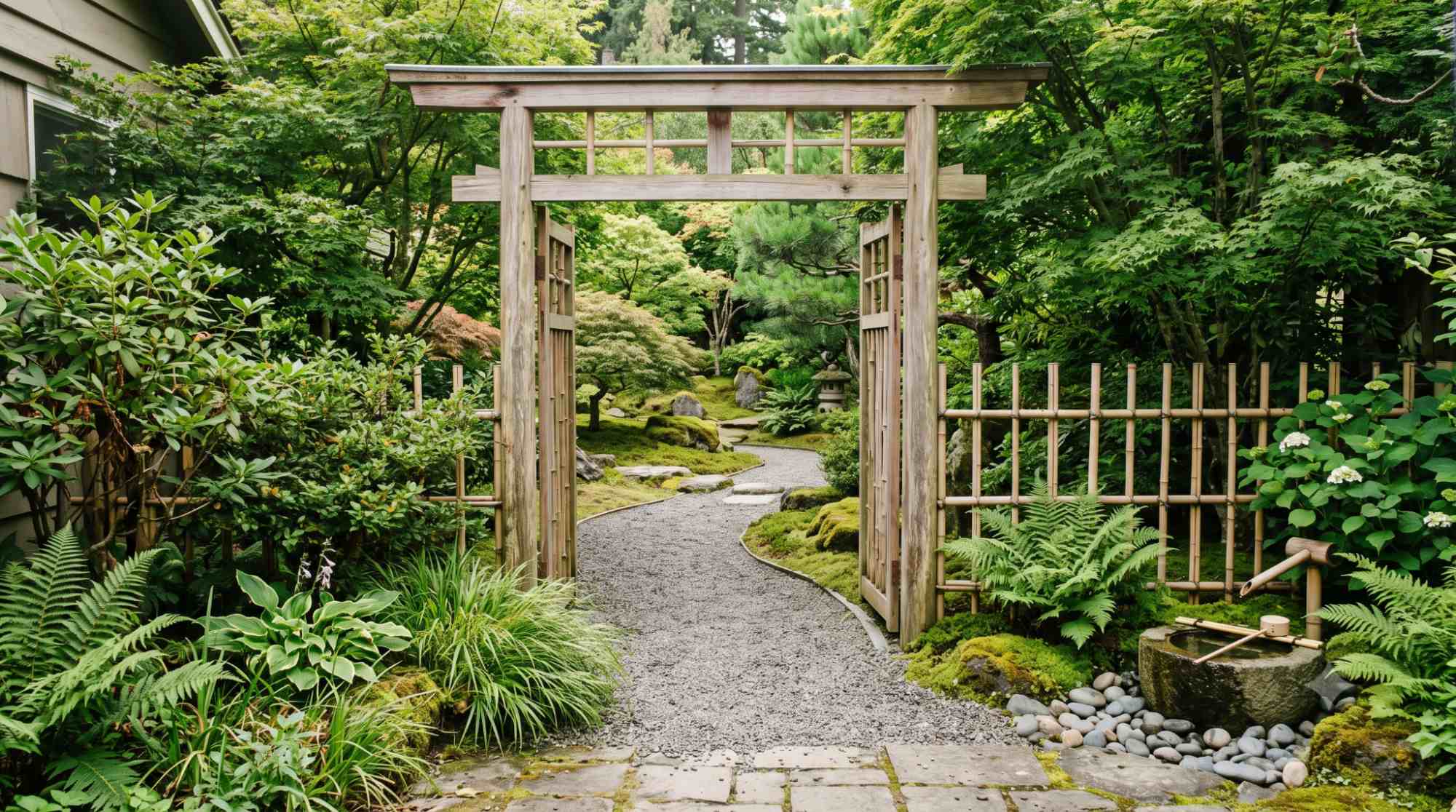 Japanese garden entrance with a bamboo gate, curved gravel path, moss, stones, and peaceful greenery.