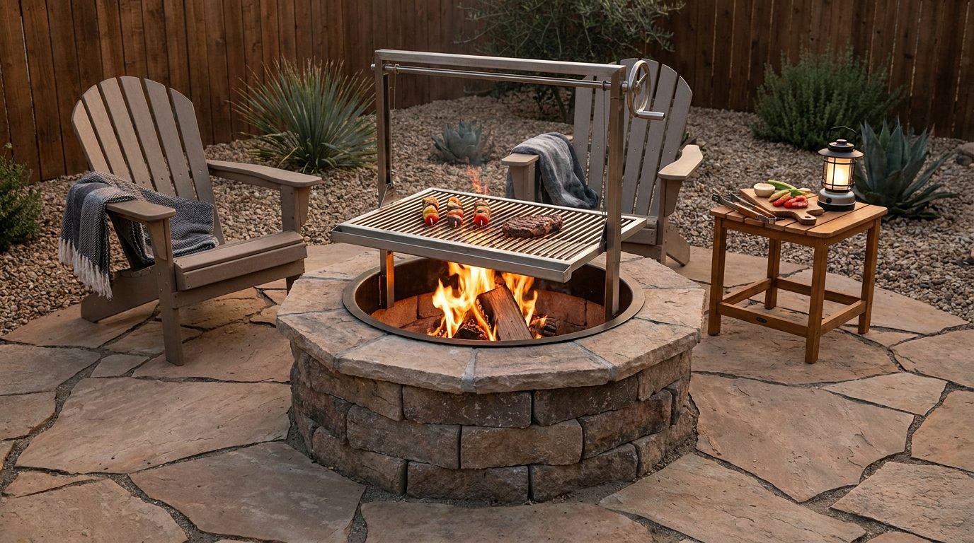 BBQ fire pit with adjustable grill grates for cooking and cozy backyard warmth.