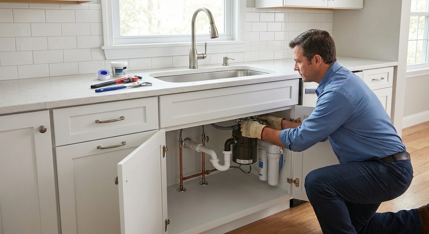 Plumber installing a kitchen sink, faucet, garbage disposal and water filtration system with exposed plumbing connections.