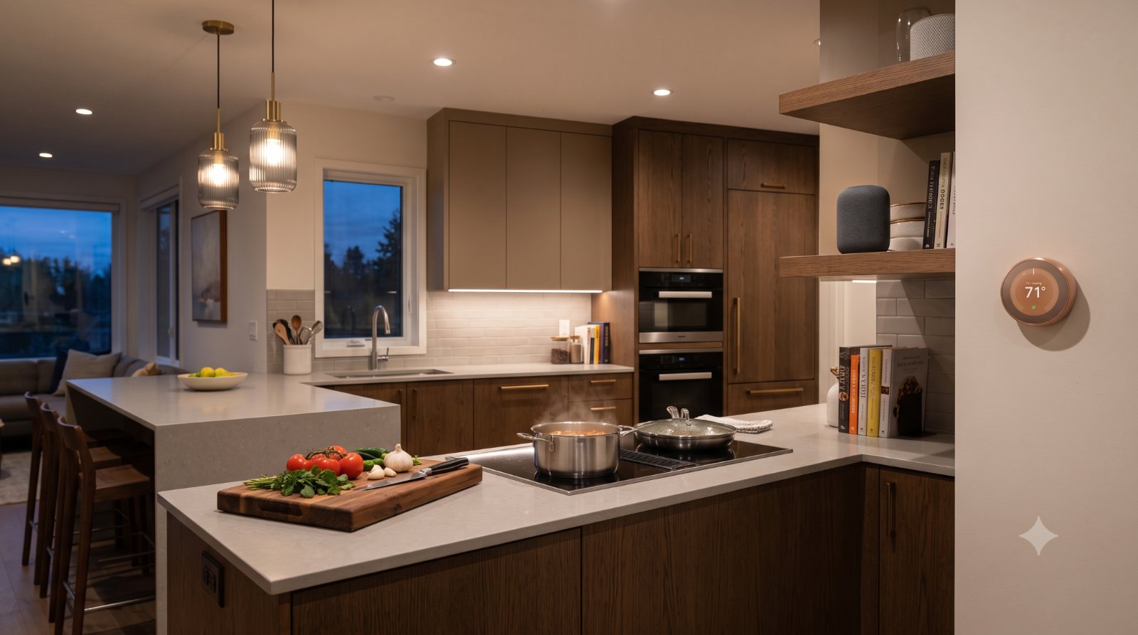 Realistic modern kitchen with smart home integration, showing voice-controlled lighting, a smart thermostat, and a smart speaker for hands-free control while cooking.
