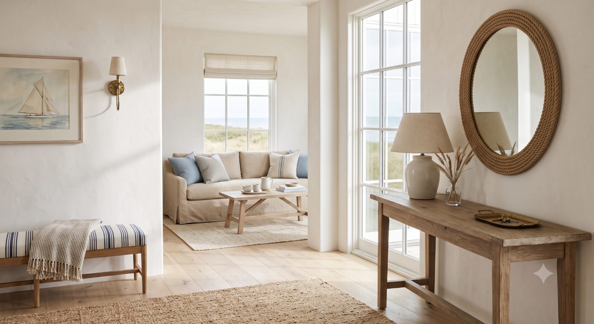 Beach house interior with subtle nautical accents, linen furniture, brass lighting, striped pillows, and relaxed coastal styling.