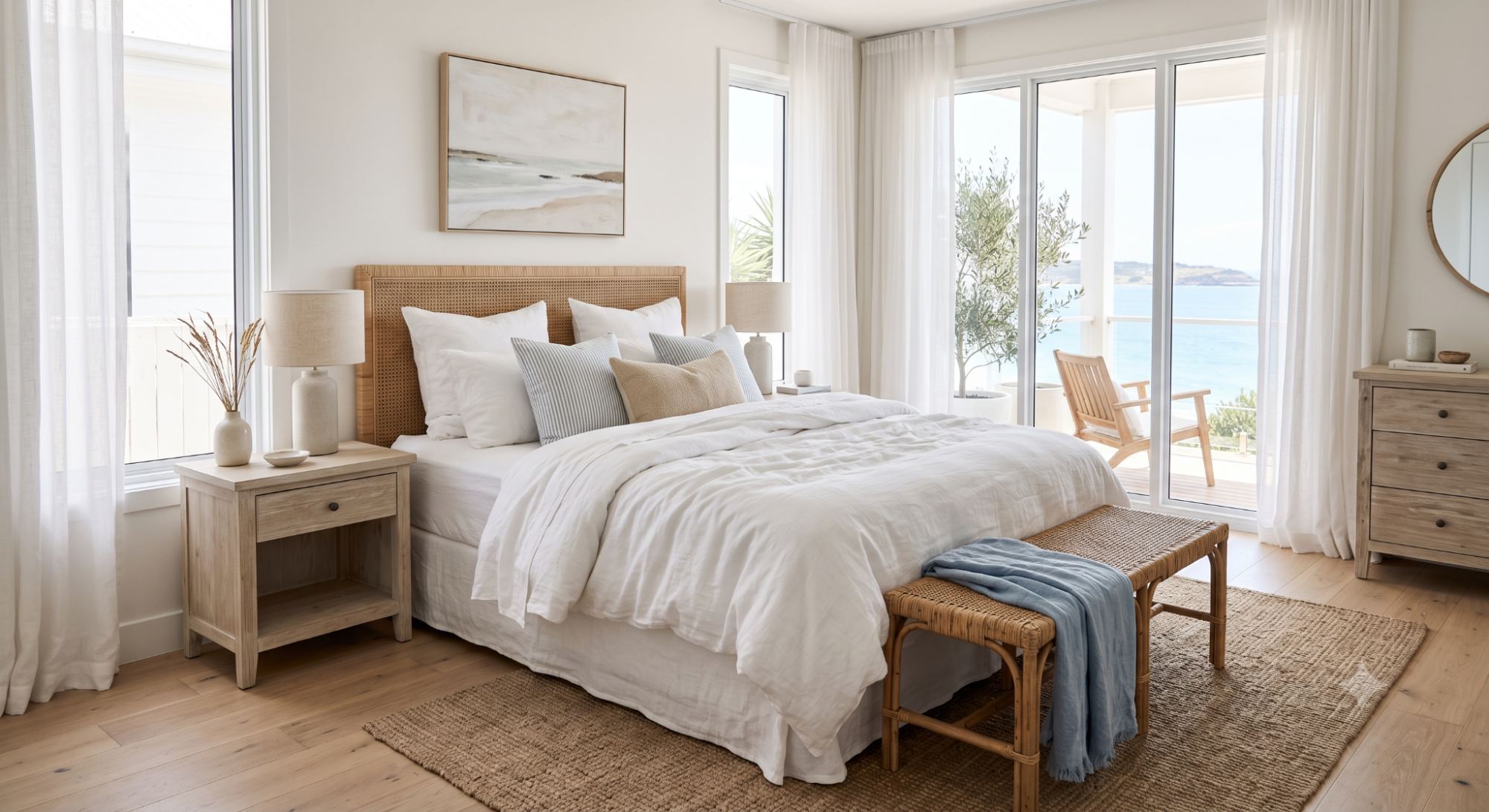 Calm beach house bedroom with white bedding, linen sheets, wood furniture, soft blue accents, and a rattan headboard in a relaxed coastal style.