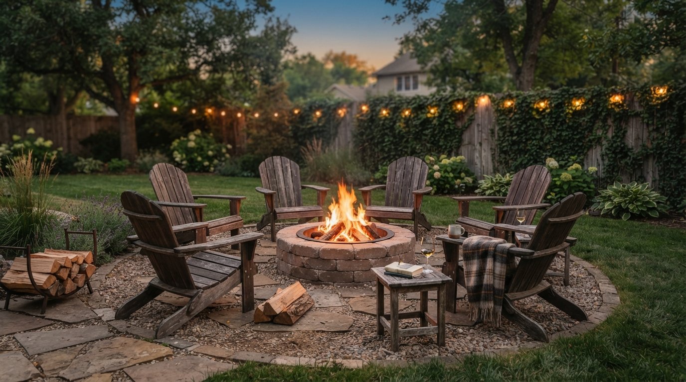 Round backyard fire pit with Adirondack chairs arranged in a circle for a cozy social outdoor seating area.