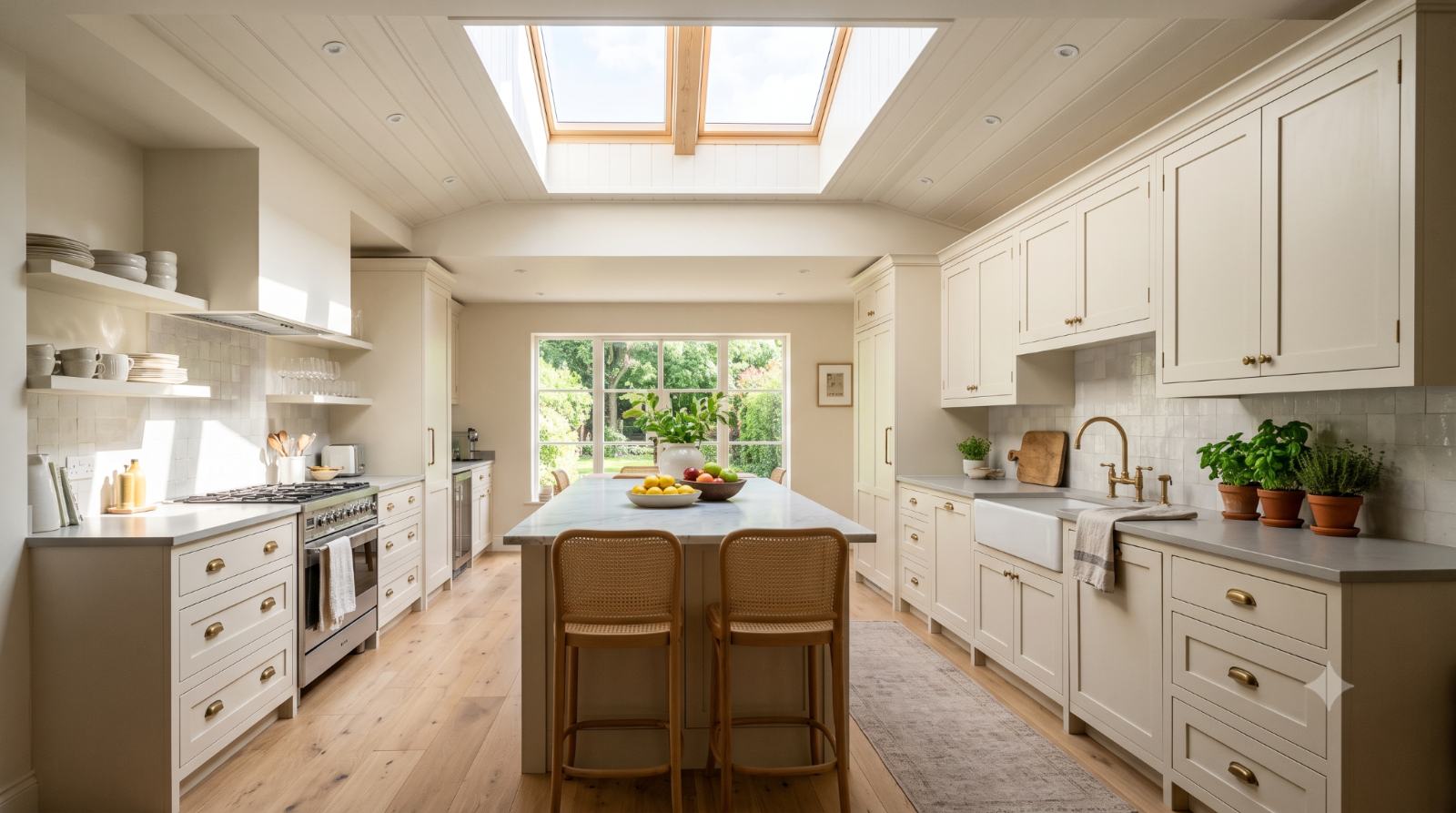 Realistic bright kitchen with a skylight or sun tunnel bringing natural light from above, making the space feel bigger, cheerful, and energy-efficient during the day.