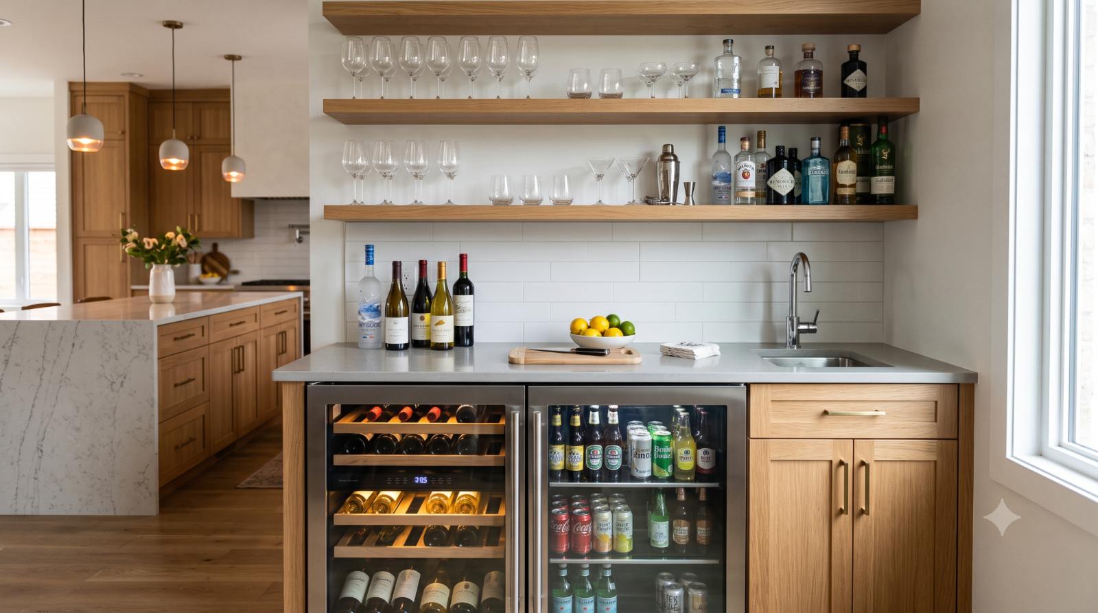 Realistic kitchen beverage station with a built-in wine fridge, glass storage, small sink, and mini bar setup for keeping drinks chilled and entertaining guests.