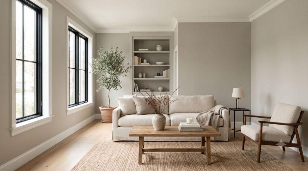 Bright living room with warm greige Revere Pewter-style walls, white trim, black-framed windows, cream sofa, natural wood coffee table, and light oak flooring.