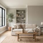 Bright living room with warm greige Revere Pewter-style walls, white trim, black-framed windows, cream sofa, natural wood coffee table, and light oak flooring.