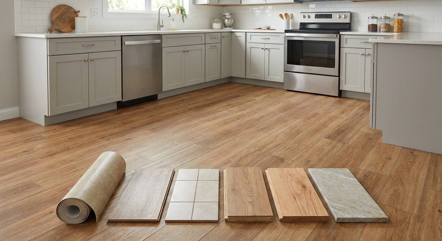 Remodeled kitchen with luxury vinyl plank flooring and samples of tile, laminate, hardwood and natural stone.