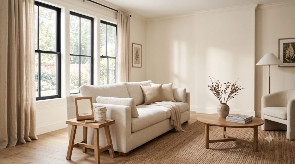 Realistic living room with warm Swiss Coffee off-white walls, natural light, neutral decor, wood flooring, and paint swatches for a paint color review.