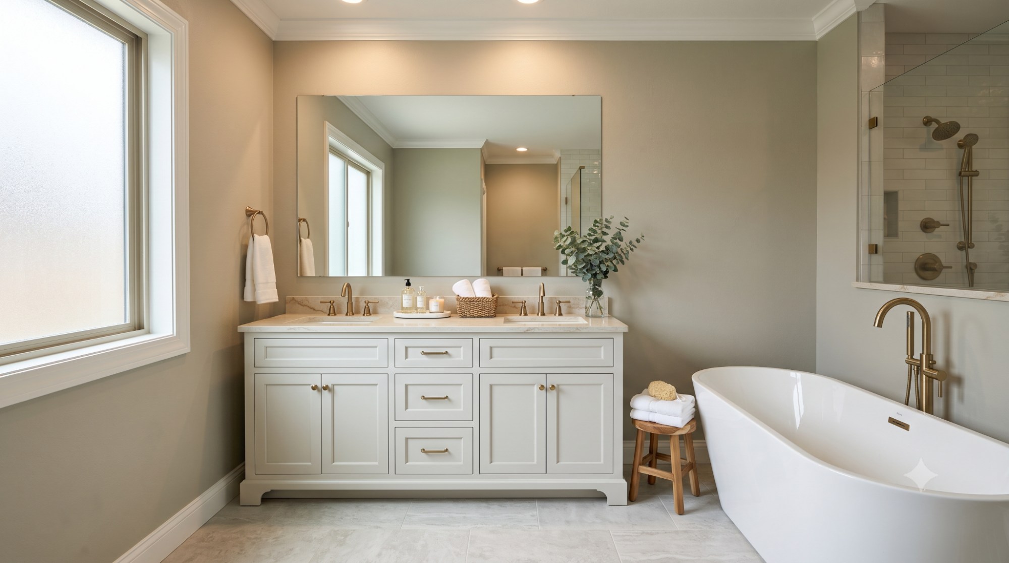 Spa-style bathroom with Benjamin Moore Revere Pewter walls and vanity, warm white lighting, brushed brass fixtures, white tub, and soft daylight highlighting its warm greige color.