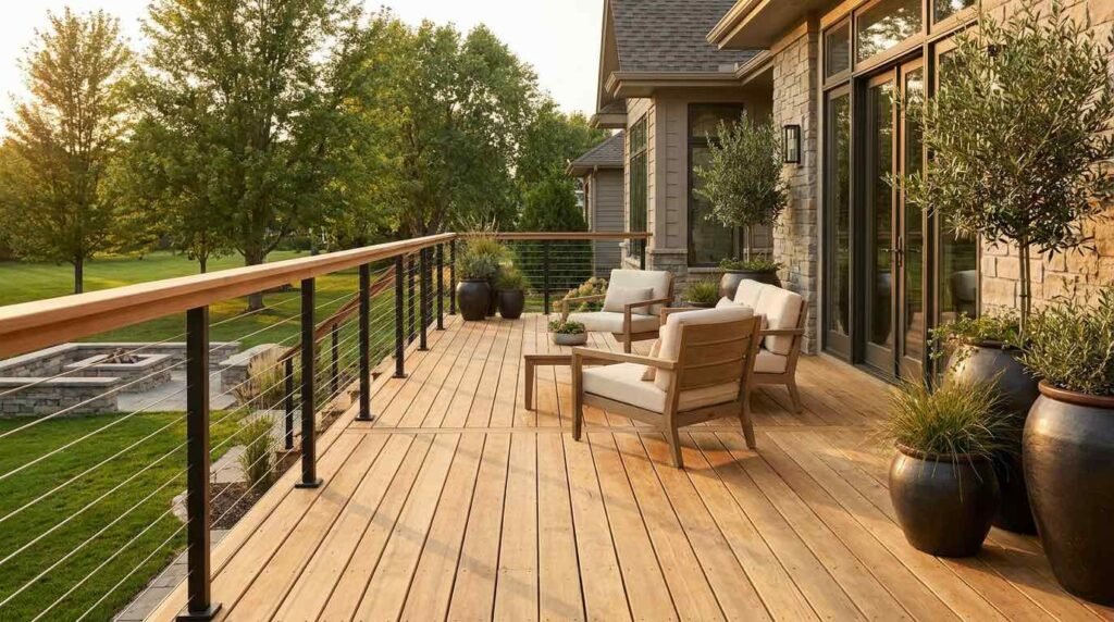 Modern mixed-material deck railing with cedar top rails, black aluminum posts, and horizontal cables overlooking a landscaped backyard.