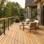 Modern mixed-material deck railing with cedar top rails, black aluminum posts, and horizontal cables overlooking a landscaped backyard.