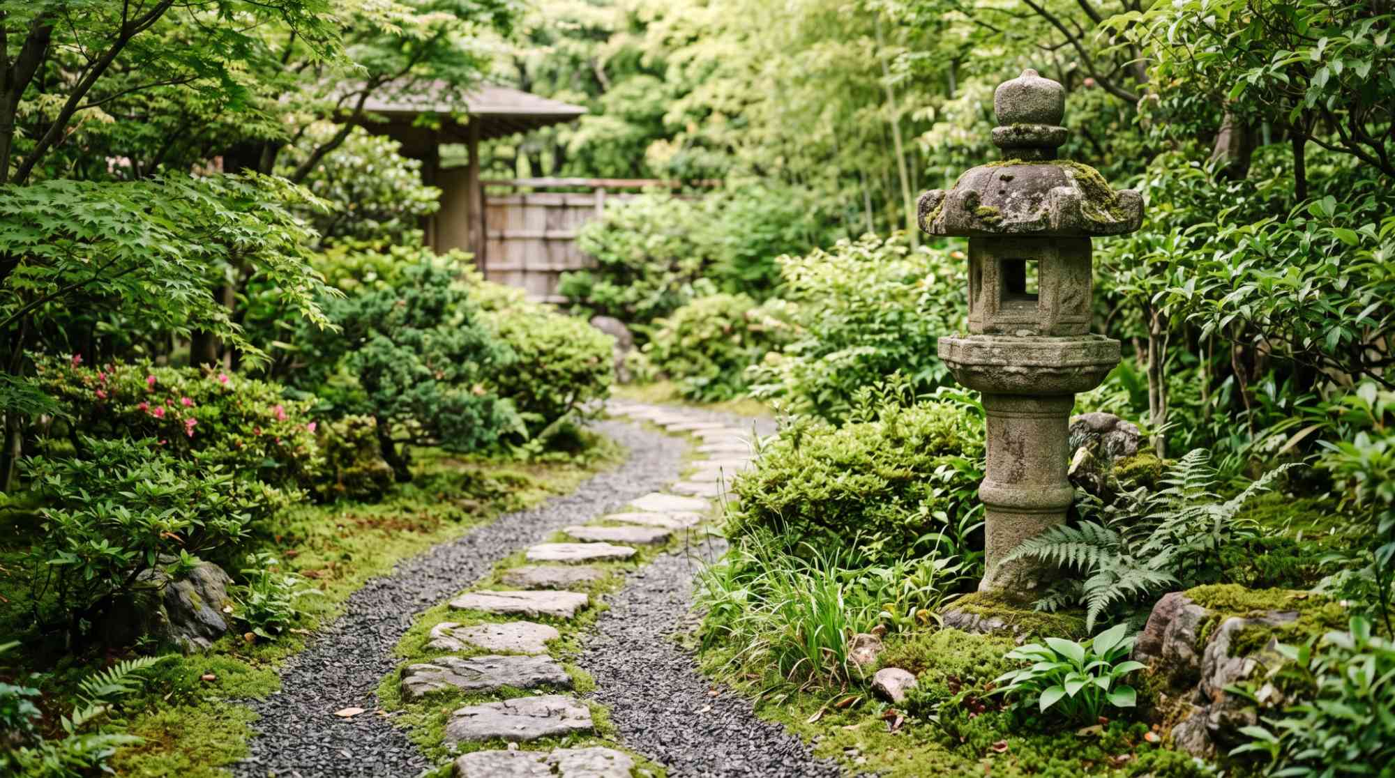 Stone lantern near a gravel path with moss, rocks, and low plants in a peaceful Japanese garden.