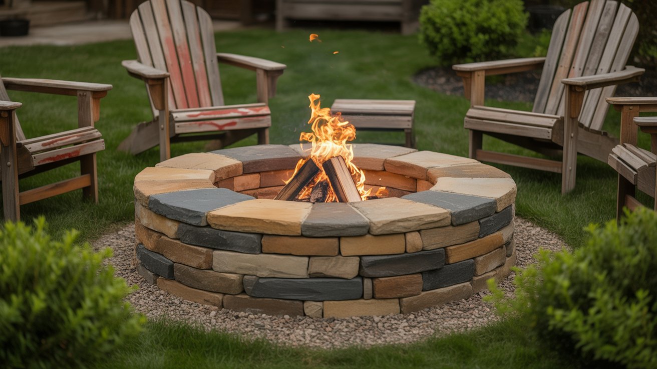 Classic natural stone fire pit with Adirondack chairs in a cozy rustic backyard setting.