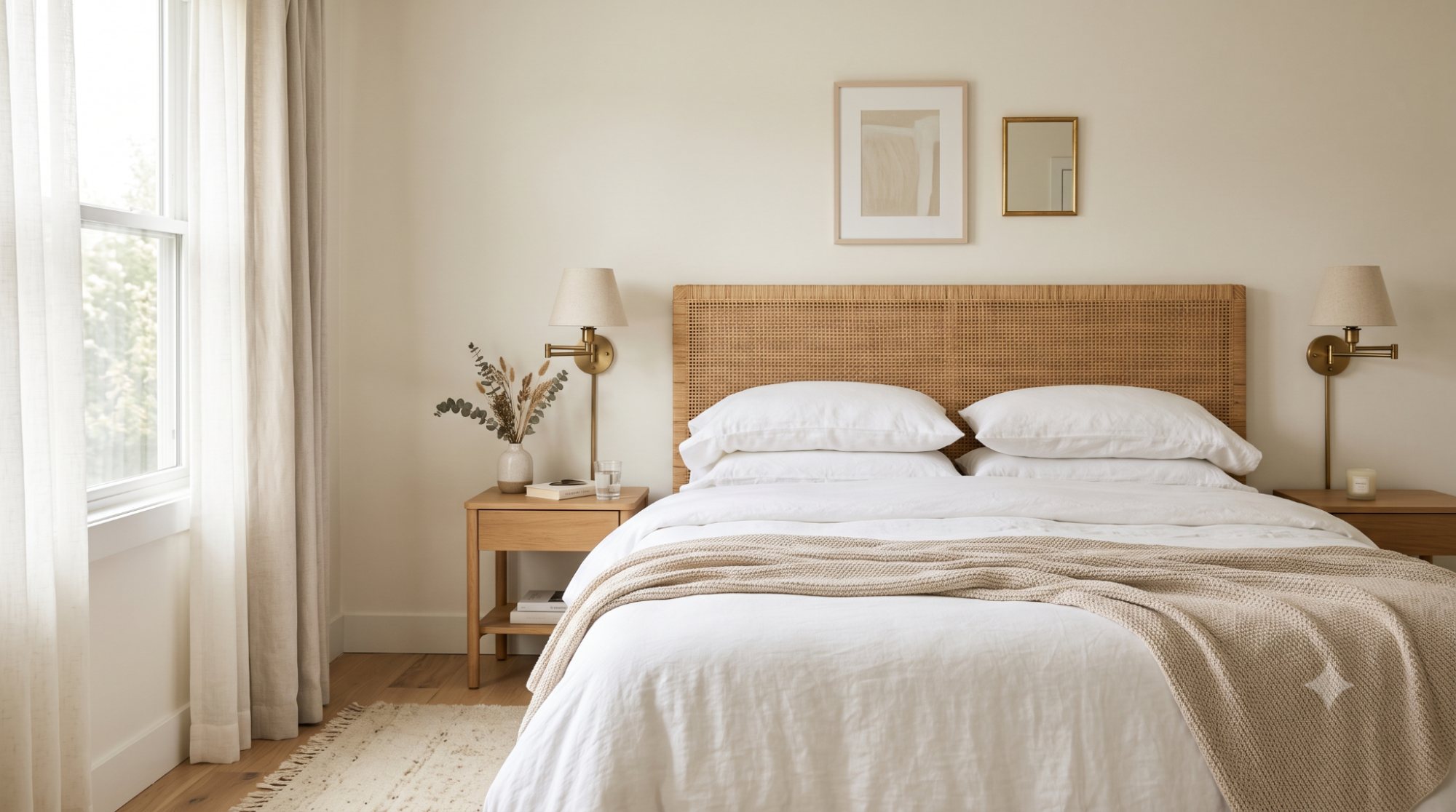 Cozy bedroom with Swiss Coffee warm off-white walls, white bedding, woven headboard, and brass reading lamps.