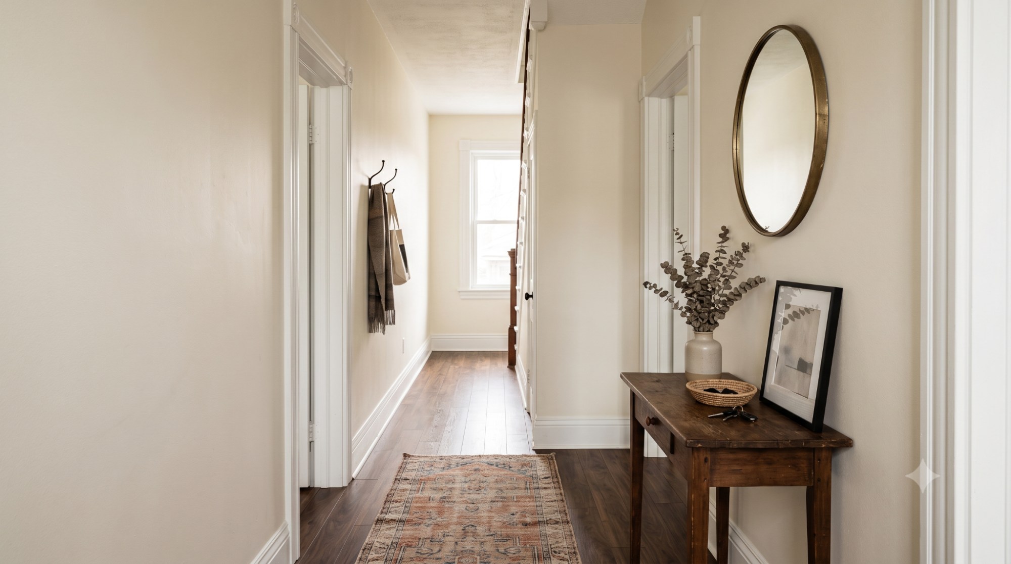 Hallway or entryway with Swiss Coffee warm off-white walls, dark wood flooring, and a vintage runner rug.