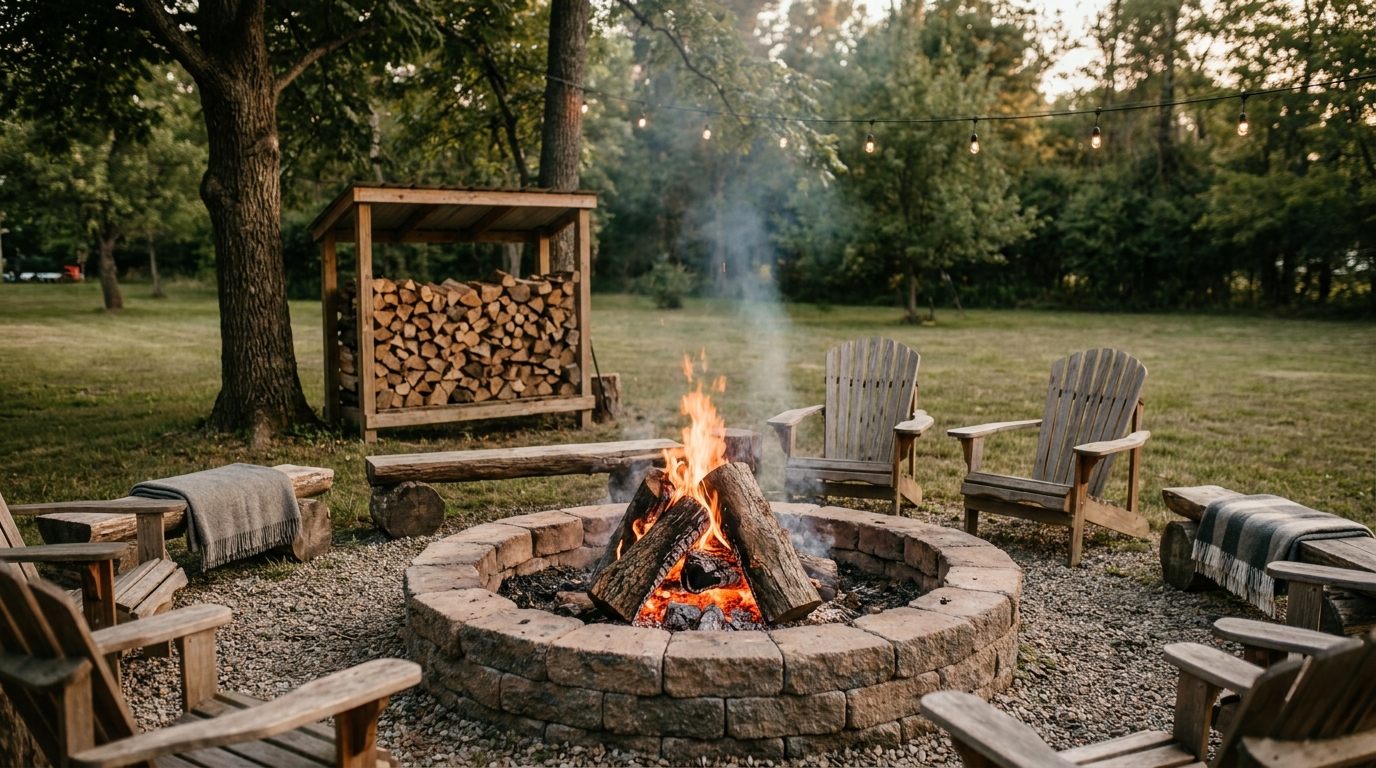 Wood-burning backyard fire pit with stacked firewood nearby for a cozy classic campfire feel.