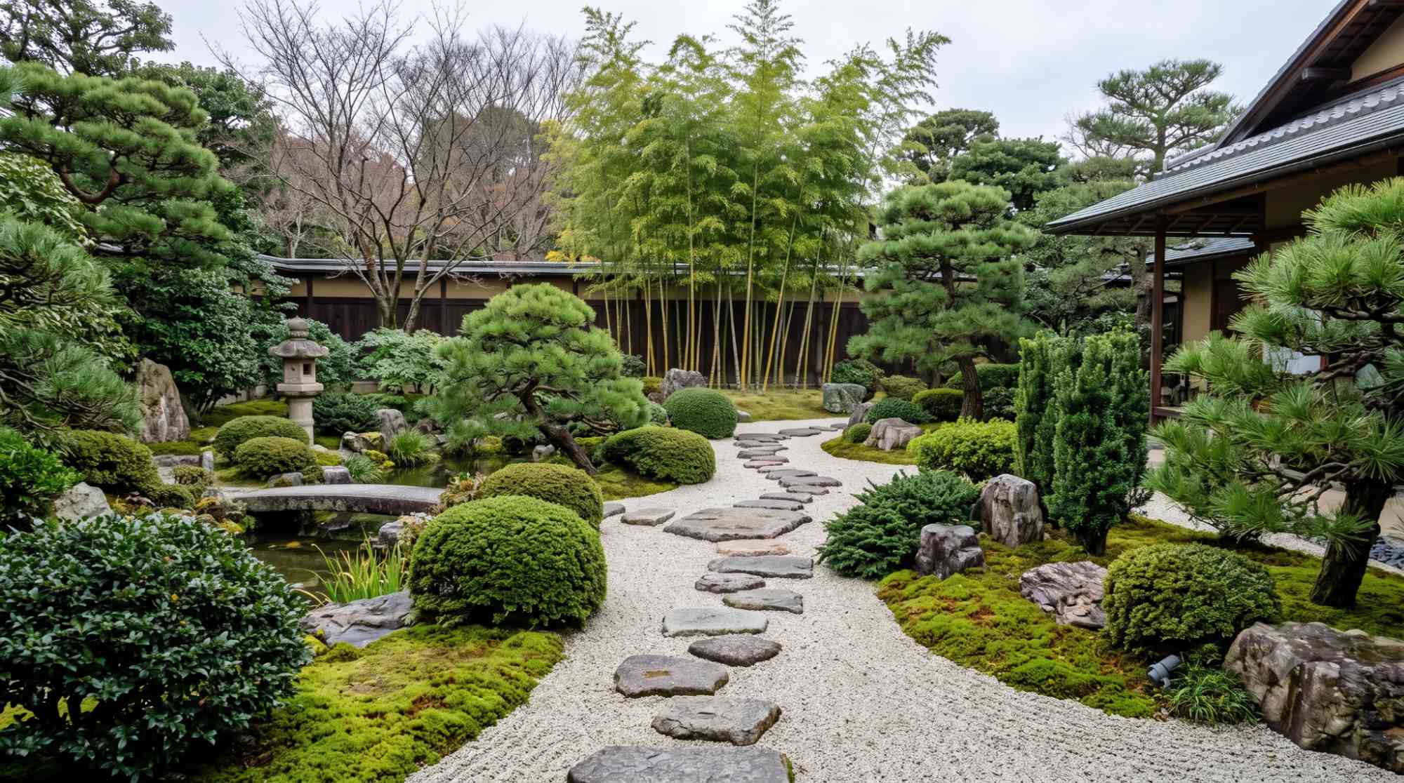Japanese garden with evergreen plants, gravel, moss, stones, and layered greenery for year-round structure.