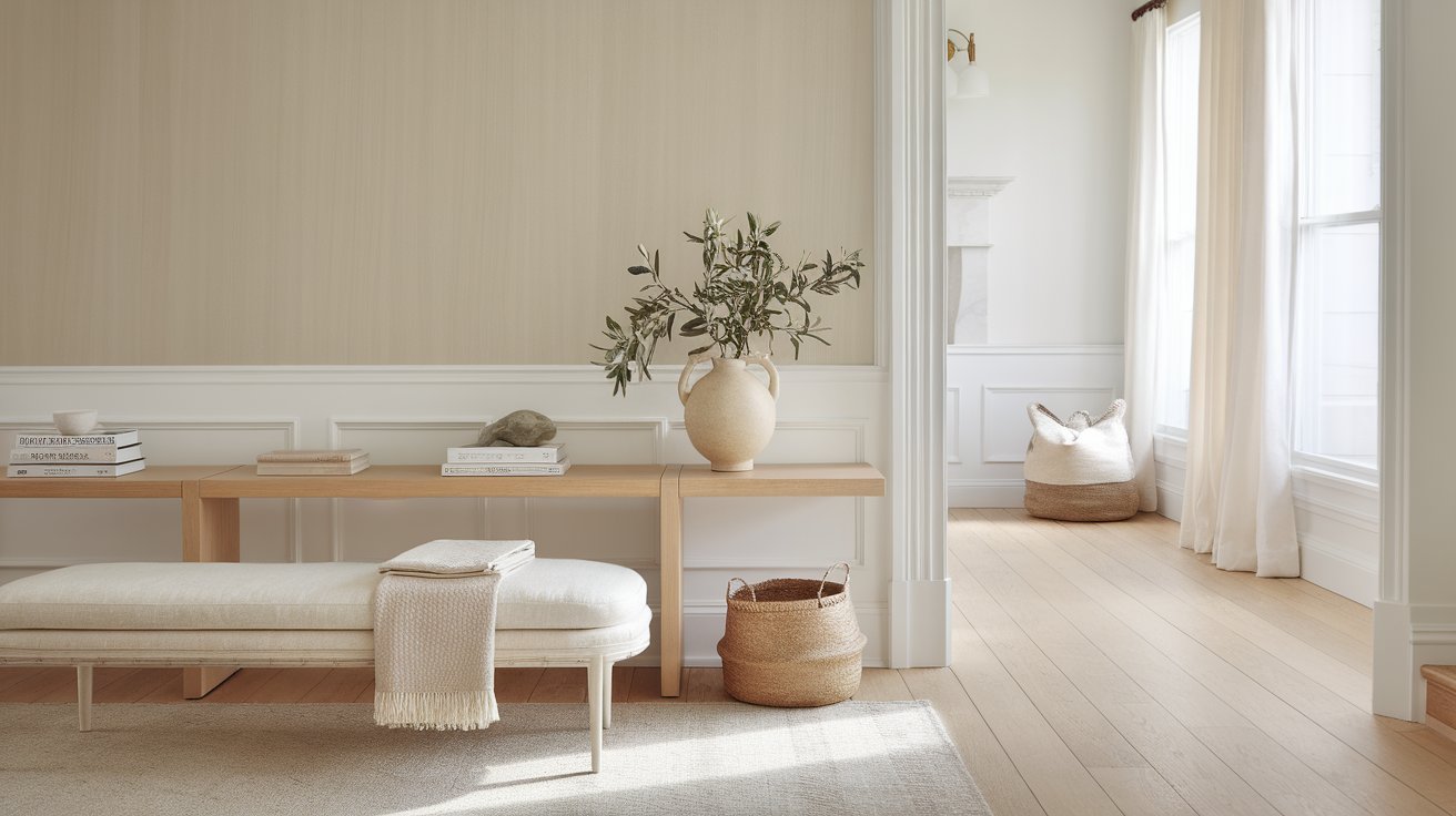 Benjamin Moore Pale Oak wall with white trim and natural oak flooring showing the warm greige paint color and its subtle undertones in soft natural daylight.
