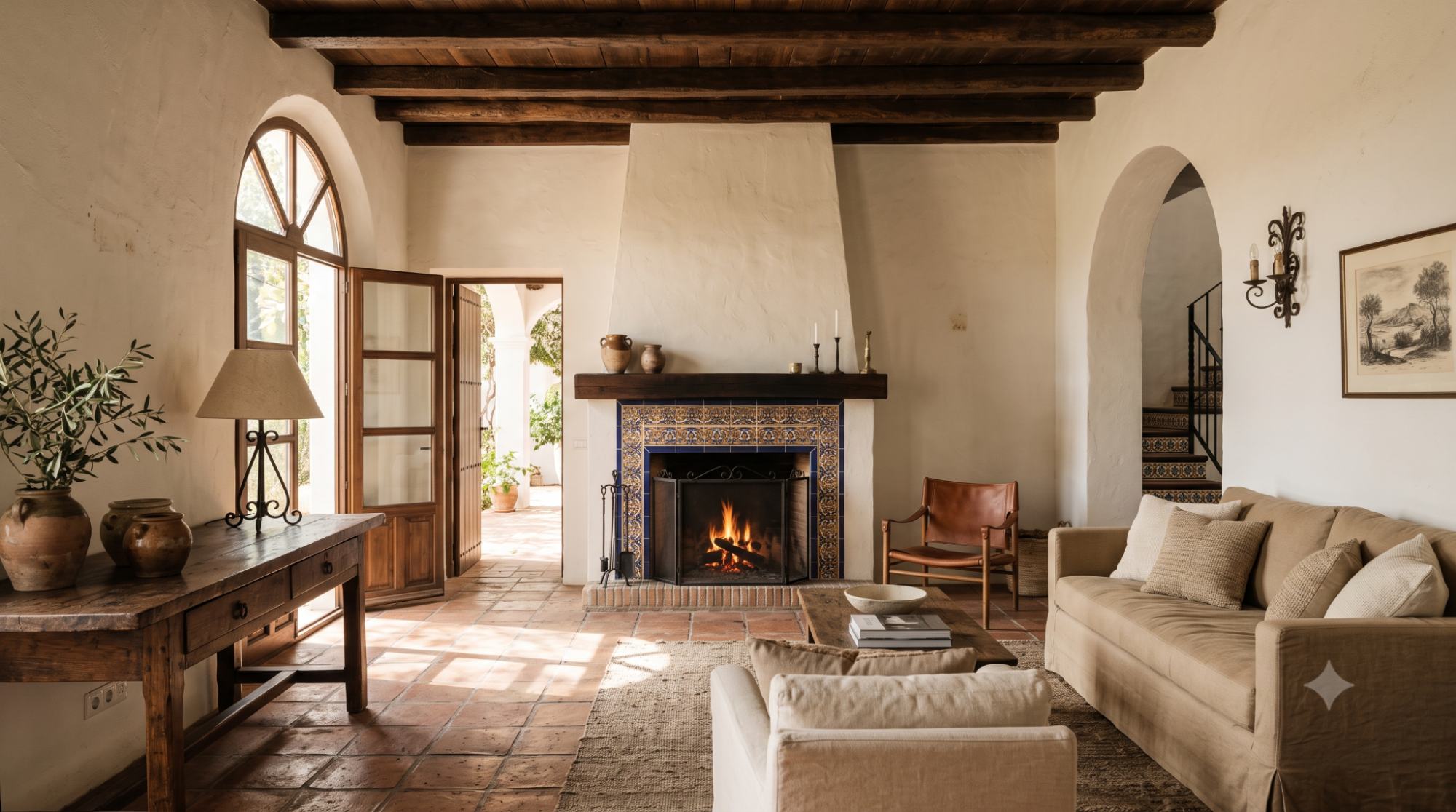 Spanish Mediterranean room with terracotta tile floor, dark wood beams, wrought iron details, patterned tile accent, arched doorway, and cream plaster walls.