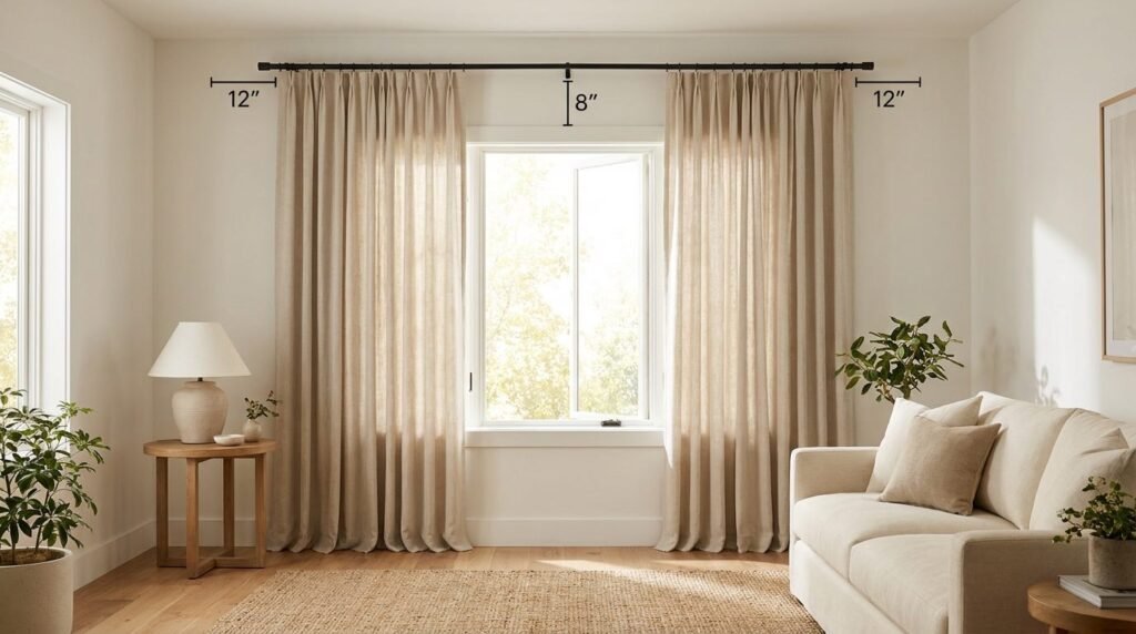 Floor-length curtains correctly installed high and wide above a living room window.