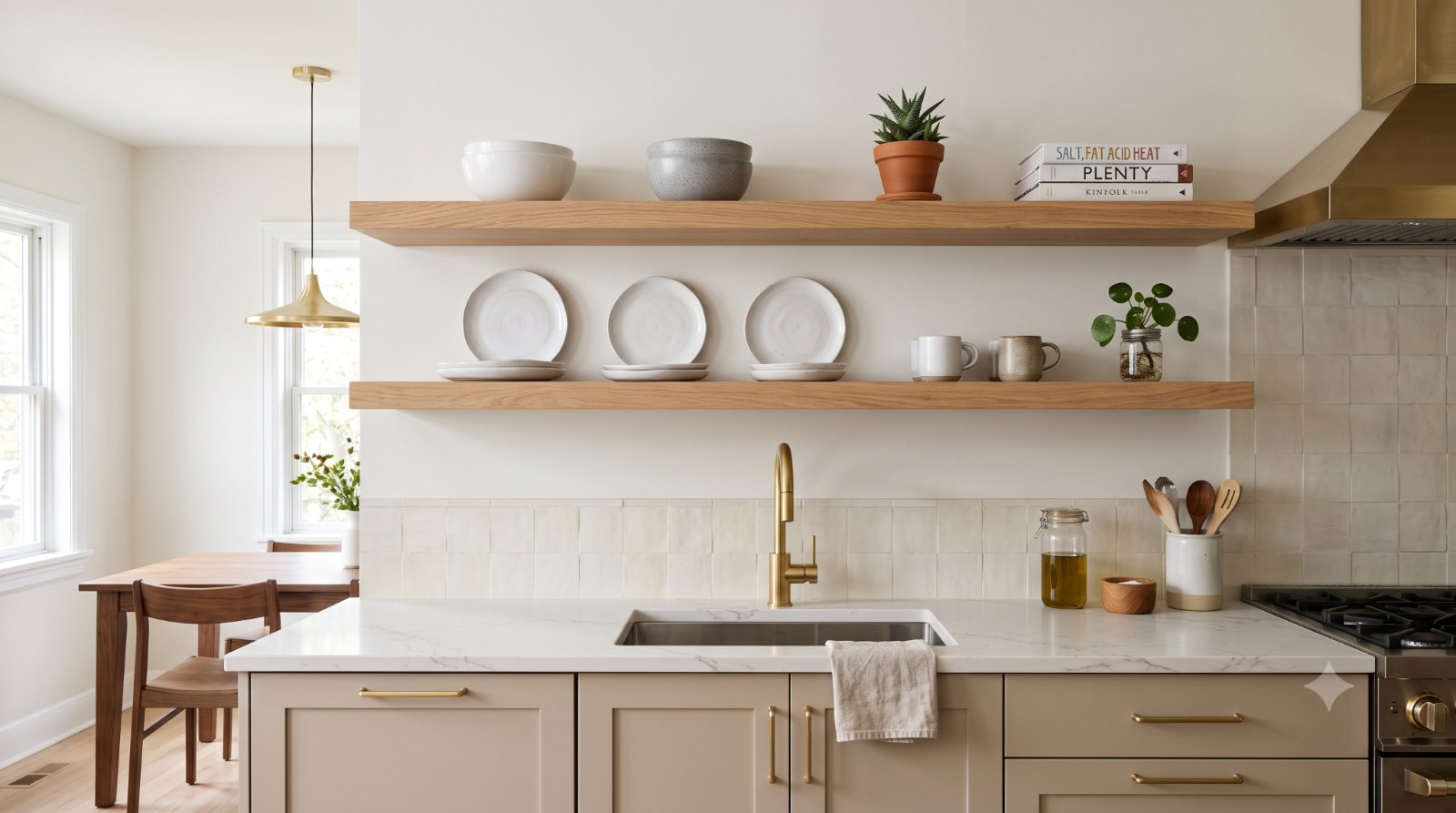 Realistic modern kitchen with floating shelves and no visible brackets, displaying dishes, cookbooks, and small plants while keeping the space open, light, and uncluttered.