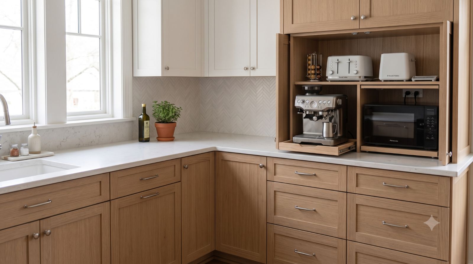 Realistic kitchen with hidden appliance cabinets, showing a cabinet with doors open to reveal a microwave, coffee maker, and toaster while keeping the counters clean and uncluttered.