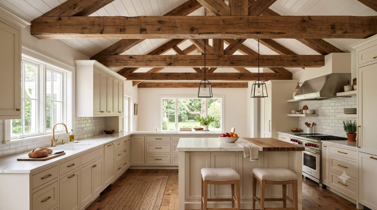 Realistic kitchen with wooden ceiling beams, showing rustic farmhouse charm, added architectural interest, and a cozy feeling in a warm inviting space.