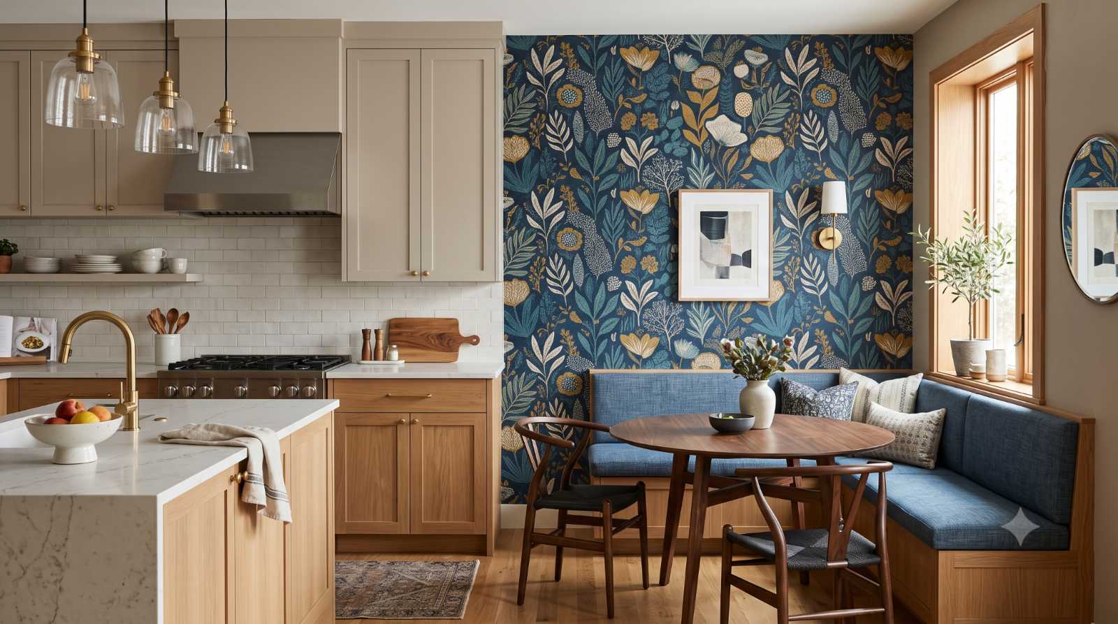 Realistic kitchen with a bold painted or wallpapered accent wall behind the stove or dining area, creating a stylish focal point without overwhelming the room.