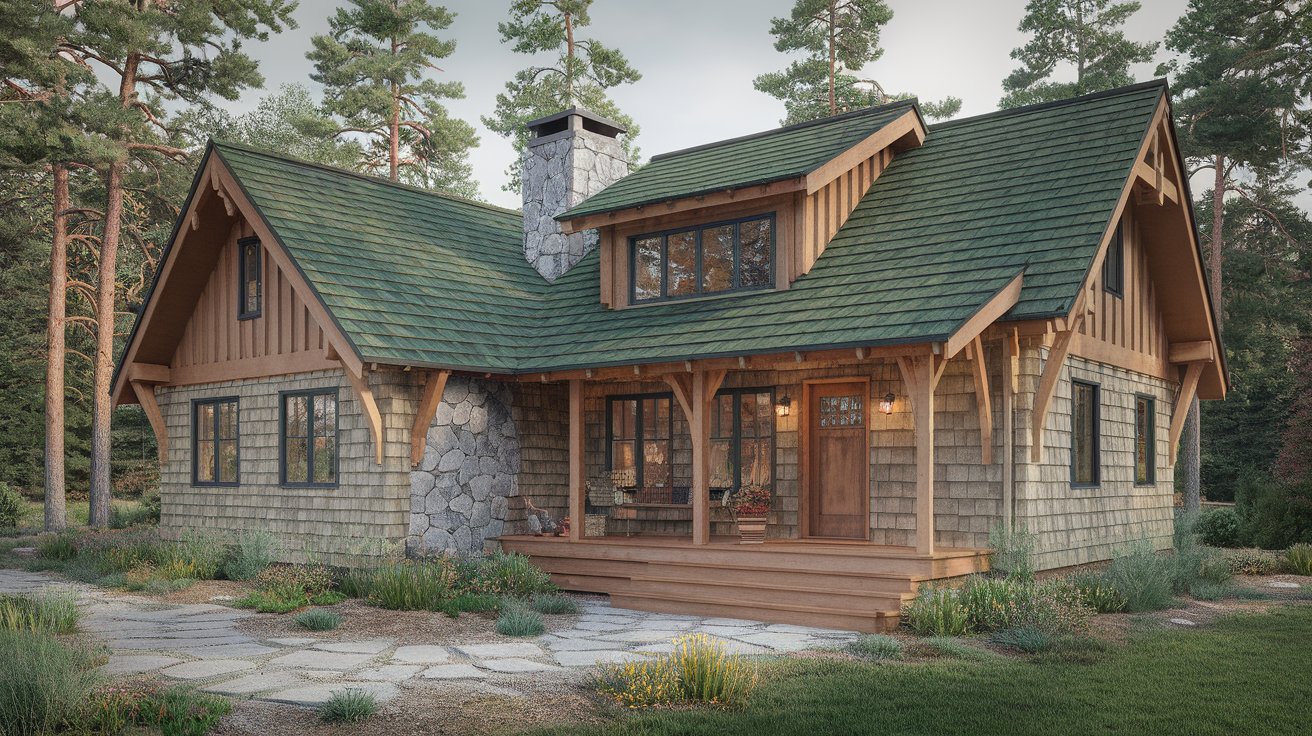 Rustic cabin with a forest green architectural shingle roof surrounded by trees, showing how a green roof blends naturally with wood siding and woodland landscapes.