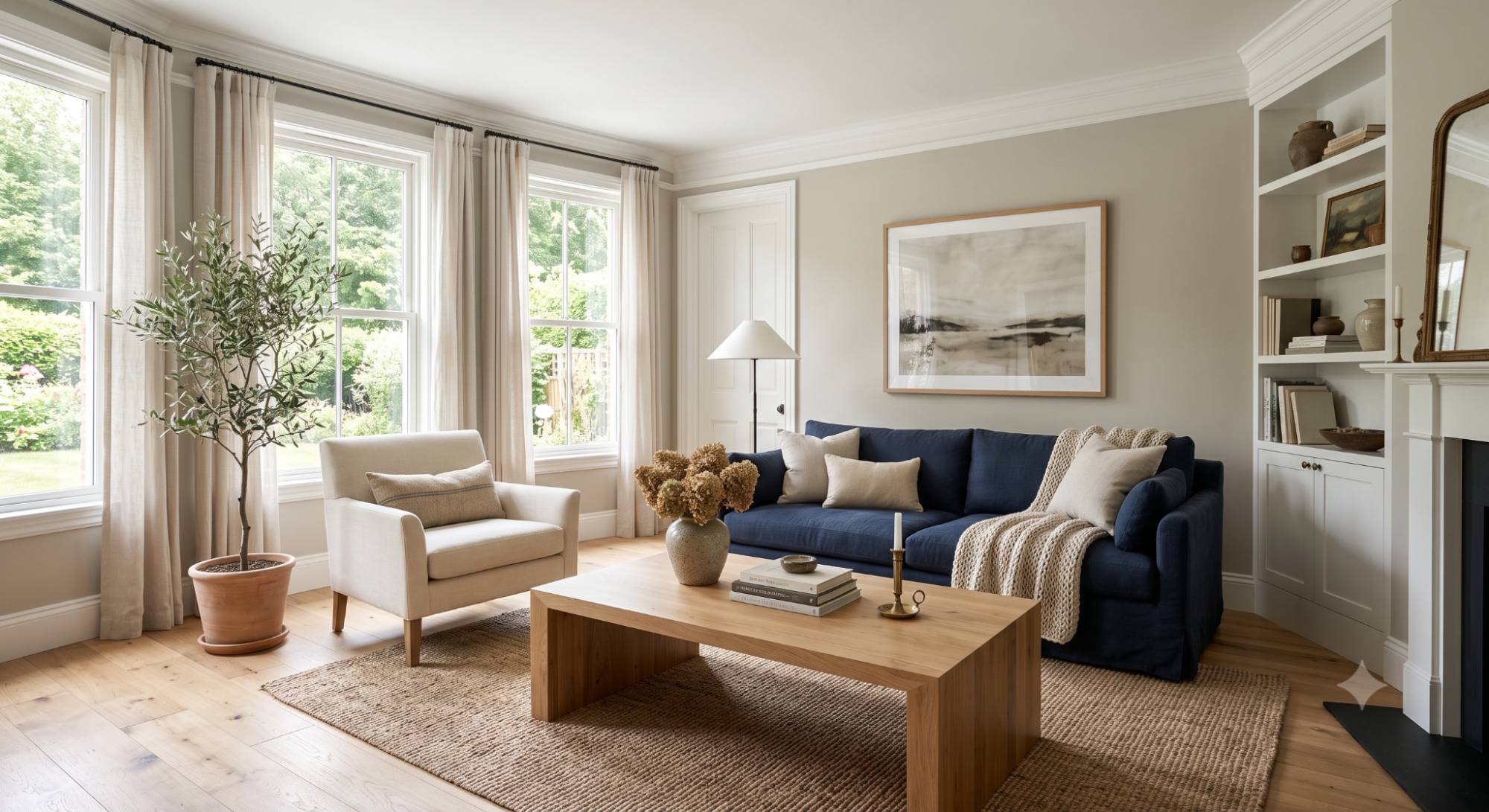 Elegant living room with Benjamin Moore Revere Pewter walls, a navy sofa, natural oak coffee table, white trim, and abundant daylight highlighting its warm greige color.