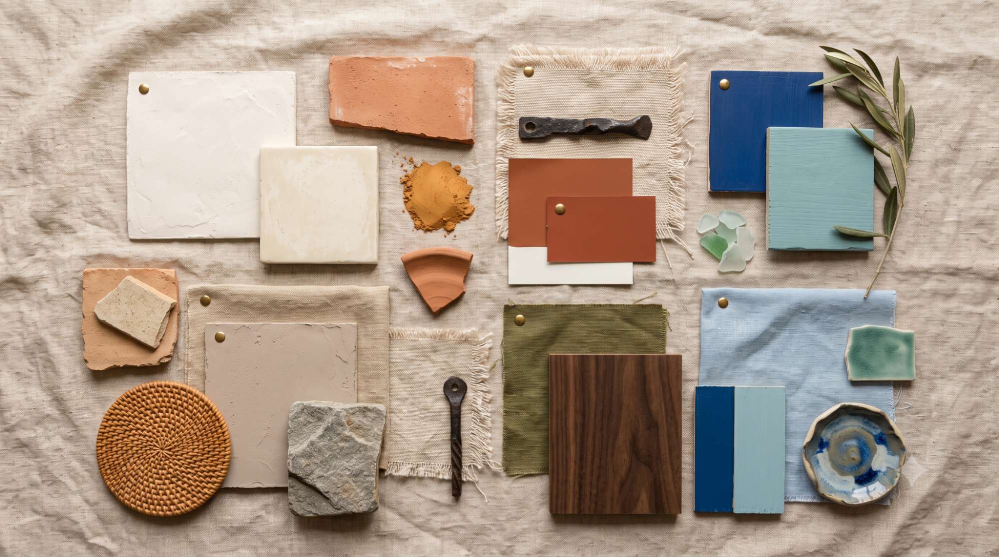 Mediterranean color palette mood board with warm neutral, earthy, and coastal swatches, terracotta tile, plaster, stone, wood, rattan, linen, and ceramic samples.