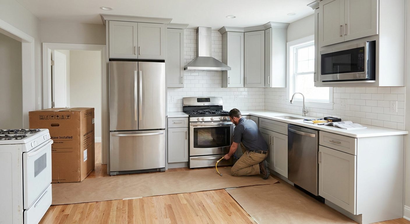 Stainless steel kitchen appliances being installed during a midrange kitchen remodel.