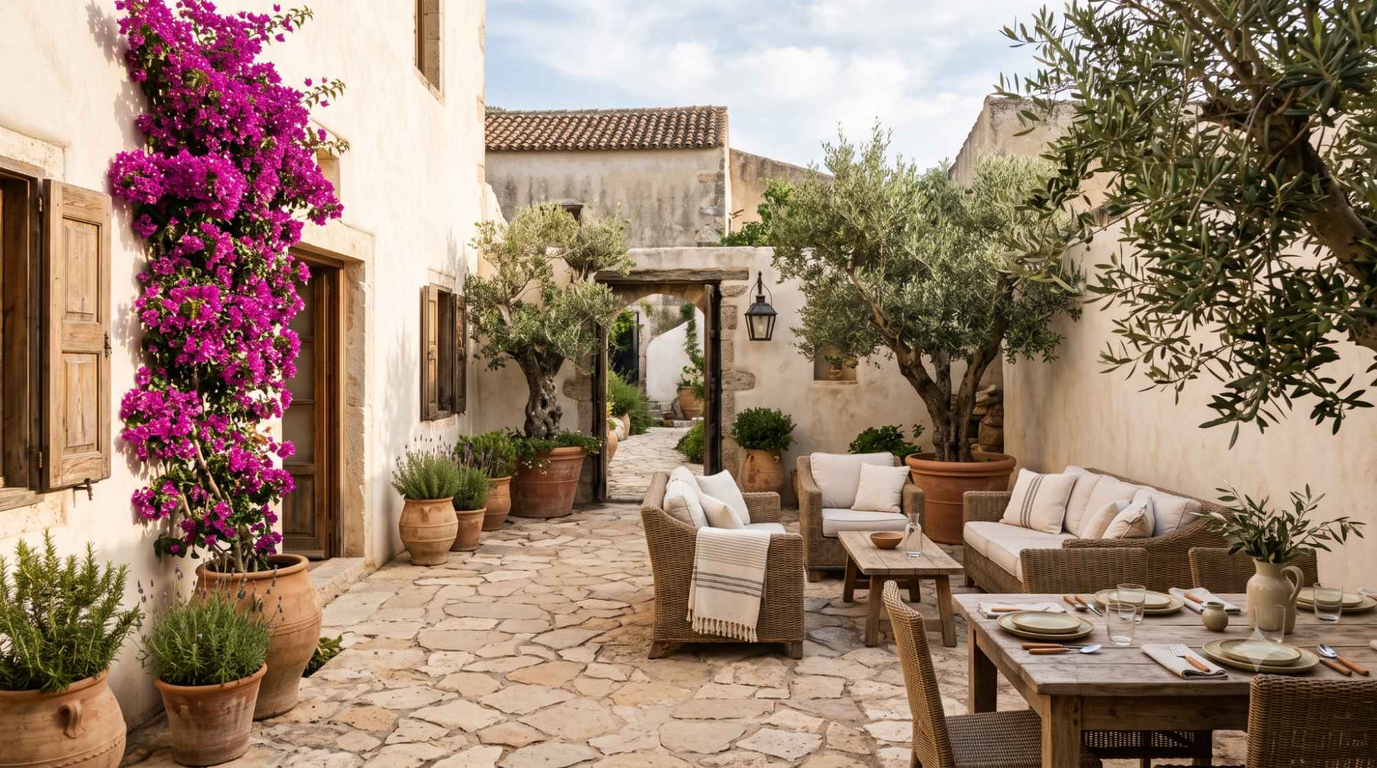 Mediterranean patio with clay pots, olive trees, bougainvillea, stone flooring, woven seating, outdoor dining table, and lanterns.