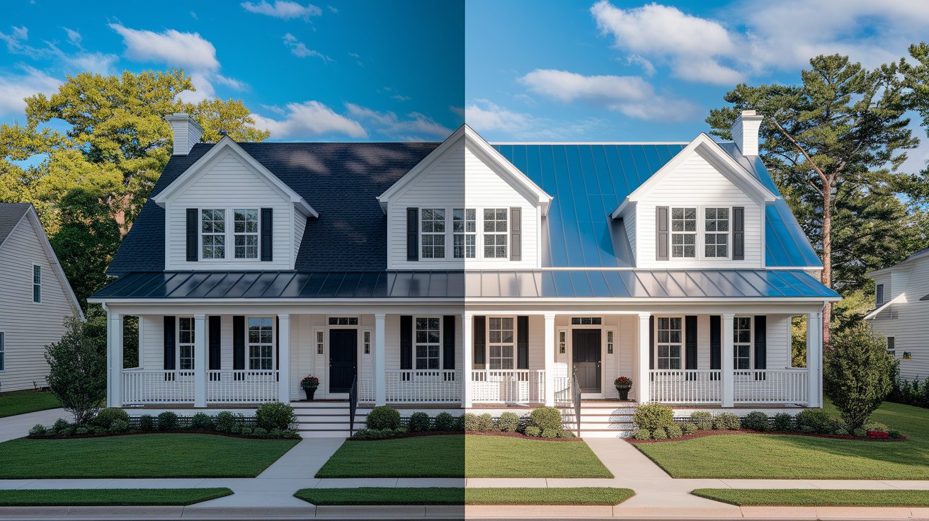 Split comparison of identical homes with a black roof and a light gray roof illustrating how roof color affects heat absorption and energy efficiency.
