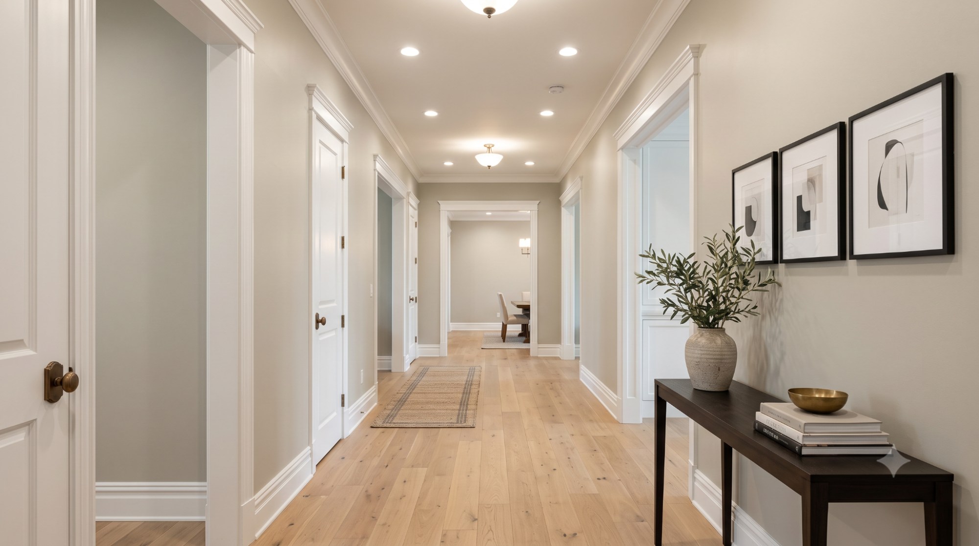 Bright hallway with Benjamin Moore Revere Pewter walls, warm recessed lighting, white trim, oak flooring, and minimal décor showcasing its inviting warm greige color.