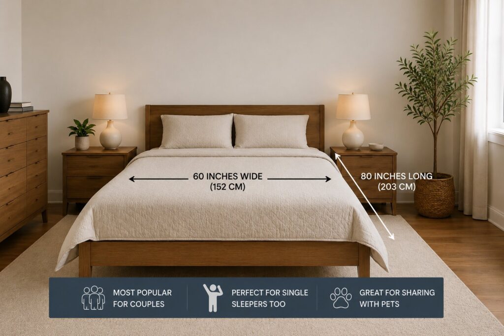 Standard queen-size bed in a modern bedroom with spacious layout and minimalist décor.